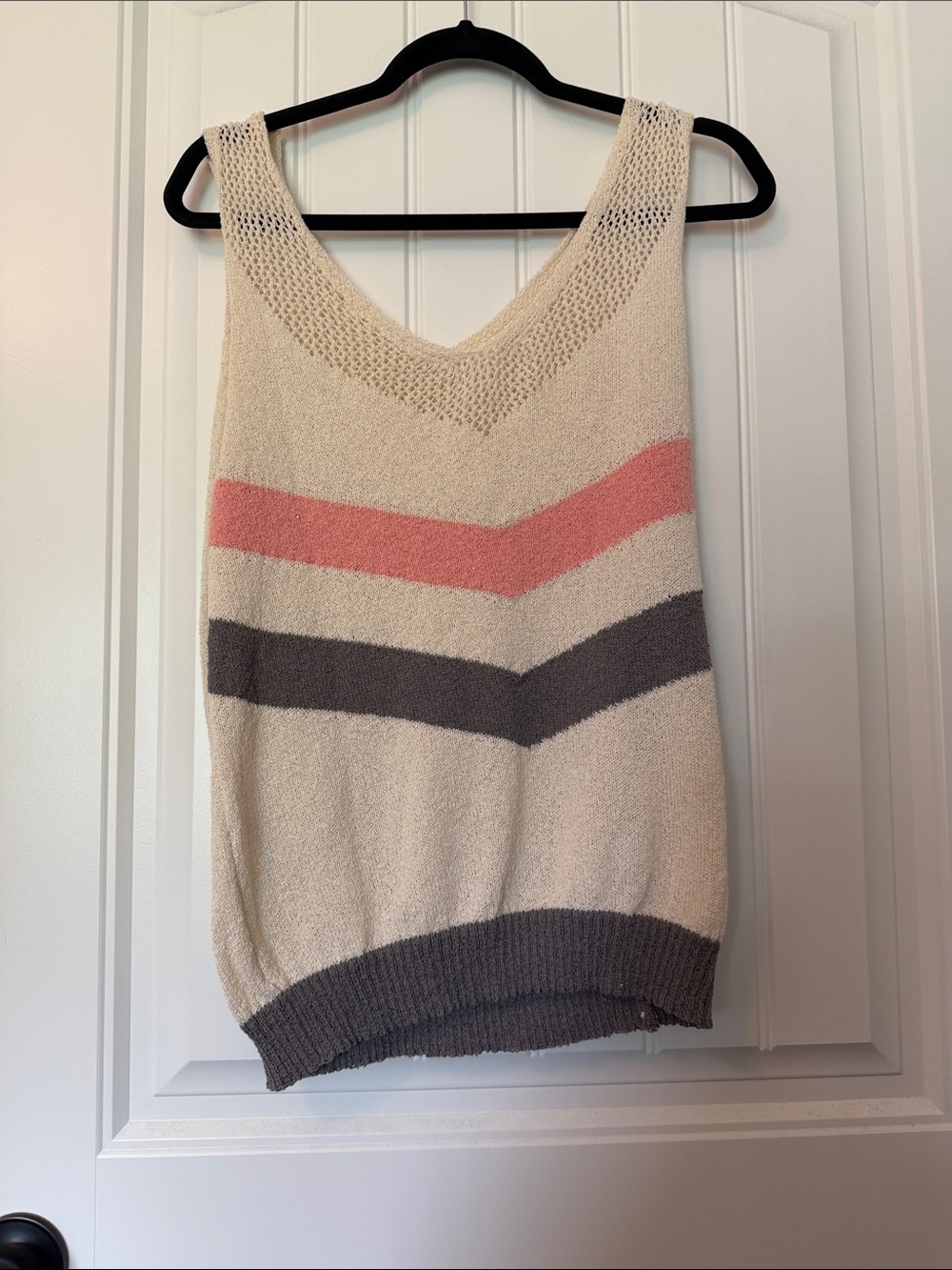 Cream Striped Knit Tank Top with Pink & Gray Chevron